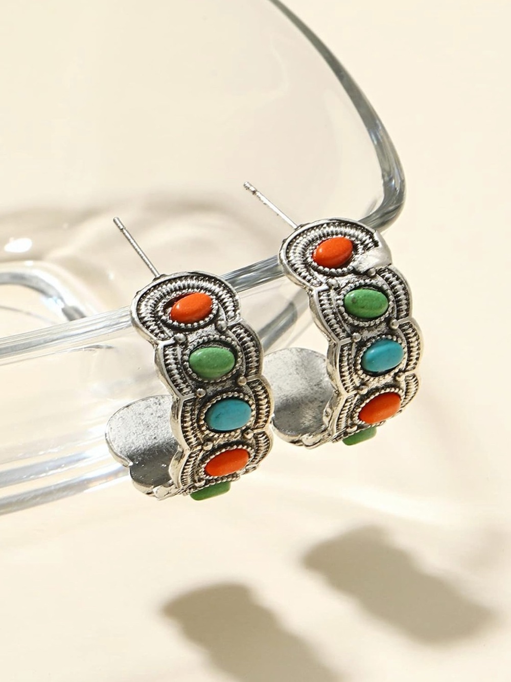 Vintage-Inspired Multicolor Turquoise Hoop Earrings - Silver - Picture 3 of 5